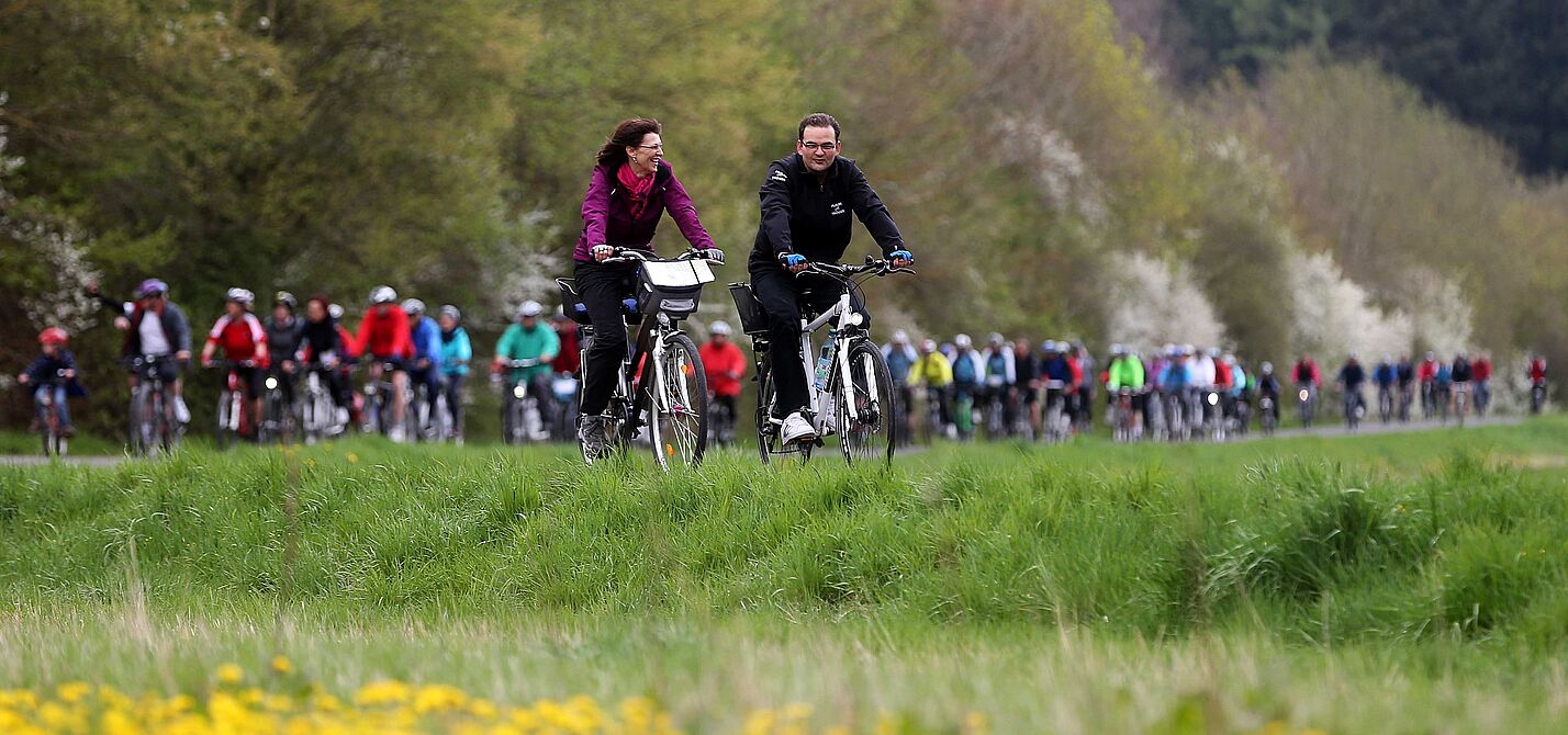 Zu sehen ist eine Gruppe Radfahrern, im Vordergrund Blumenwiese und im Hintergrund Bäume