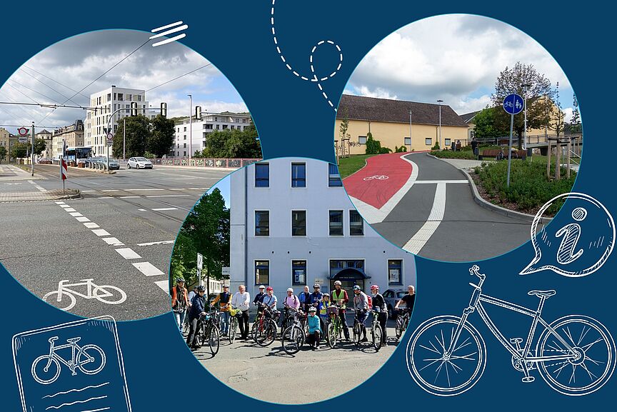 LandesversammlungGera - 10 Drei Fotos zeigen exemplarisch Radfahrende und Radverkehrsinfrastruktur in Gera.
